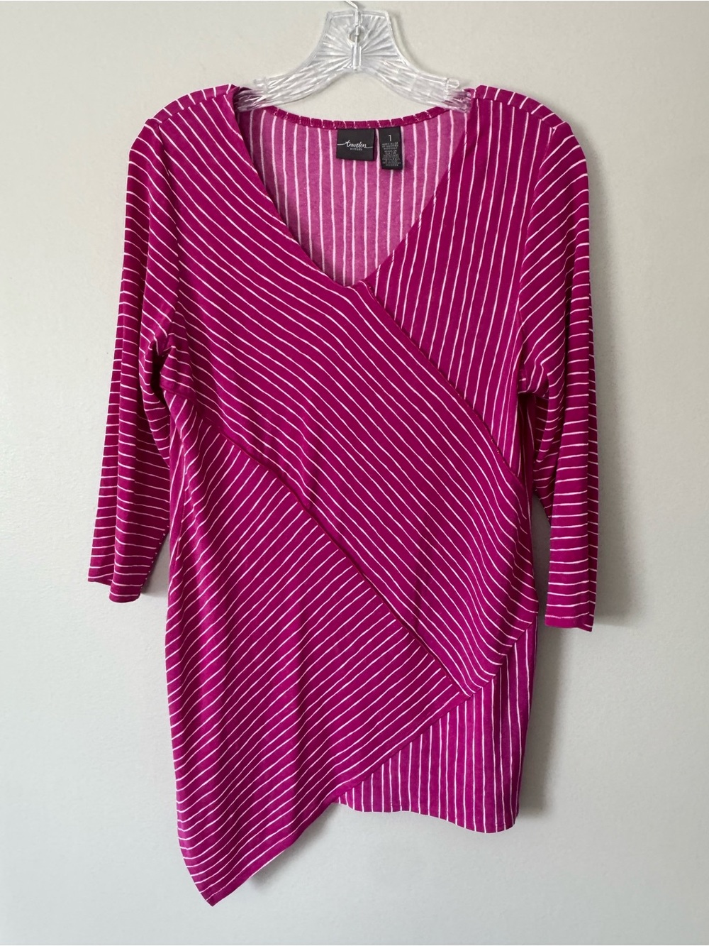 Travelers Chico's Fushia Stripe Asymmetrical Hem V Neck Tunic Top Size S Chico 1